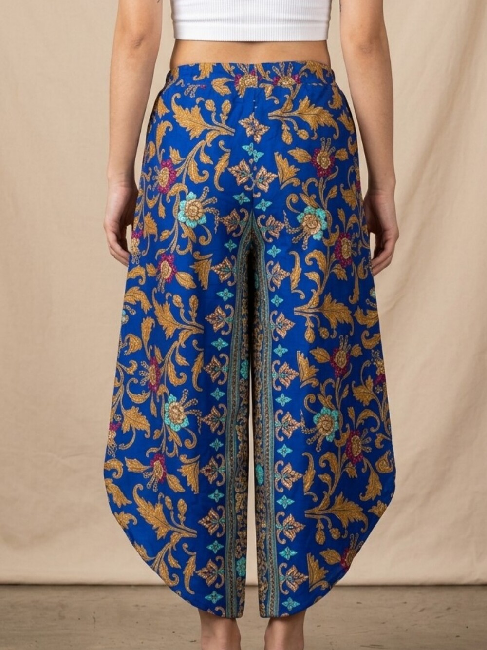 Comfy Wrap Capri Sarong Style Pants Baroque Print Blue & Gold Size: XS /PS /S